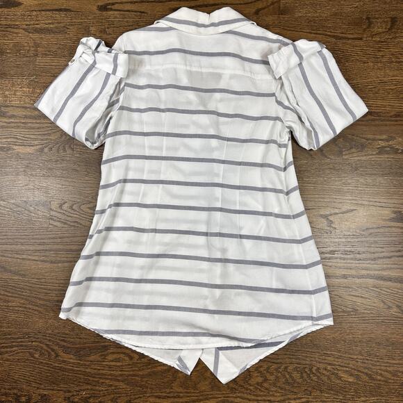 Soft Surroundings Shirt Womens XS Striped Asymmetrical V Neck Tunic Roll Tab - Picture 10 of 10